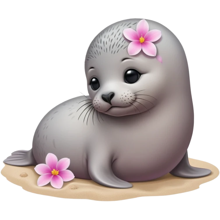 A small, slim baby seal resting gracefully on a sandy beach, with a delicate pink flower placed on its head.  Grey color emoji