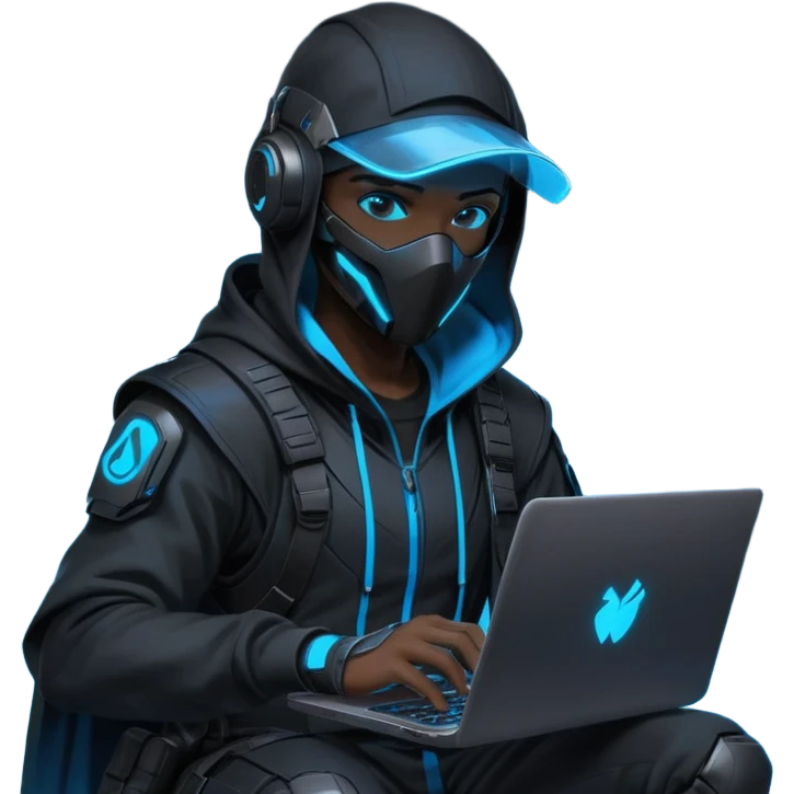 developer behind his laptop with this style : crysis Cyberpunk Valorant neon glowing bright blue character blue black hooded assassin themed character emoji