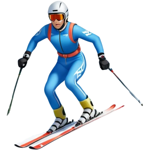 An icon featuring snowy peaks, pine trees, and a picturesque mountain landscape with a skier racing down a snow-covered slope, The sky is blue with soft clouds, capturing the thrill and beauty of alpine skiing. Transparent background highlights the excitement and serenity of winter sports. emoji