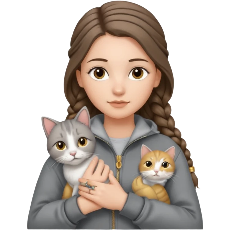 a white girl with long brunette hair in braid that is over her shoulder. shes holding a grey cat. the girl has long lashes and has on a grey zip up that is half way zipped  and under a white shirt and gold jewelry that is gold bracelets. emoji