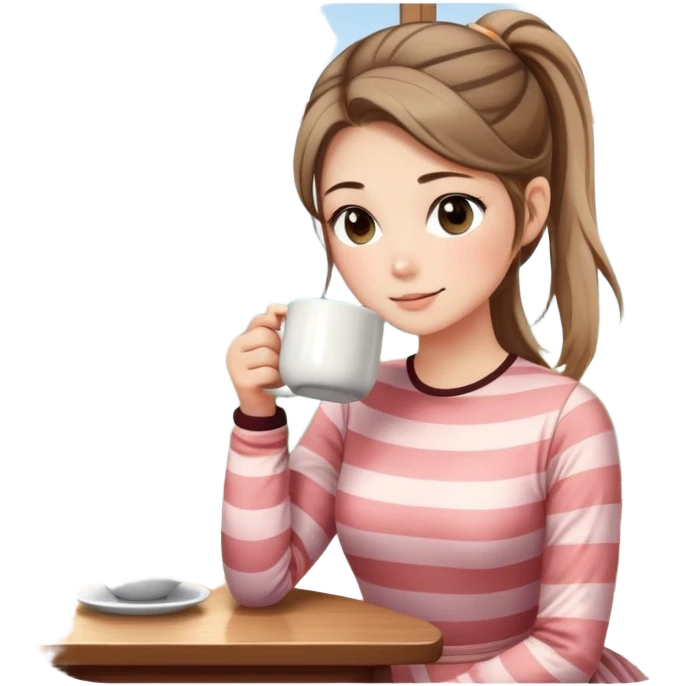 Gender: Female Hair: Low ponytail with face-framing strands Face: Rounded cheeks with natural blush, relaxed gaze Clothes: Striped long-sleeve dress Action: Holding steaming mug near window emoji