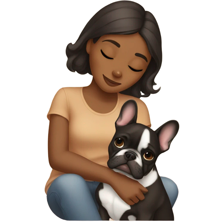 Brown girl cuddling French bulldog  emoji