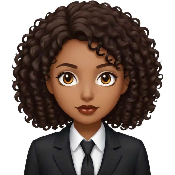 dark brown woman with dark brown mid-length curly hair in a black suit executive emoji