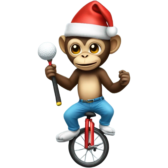 Monkey on a unicycle holding a golf club in a Santa hat  emoji