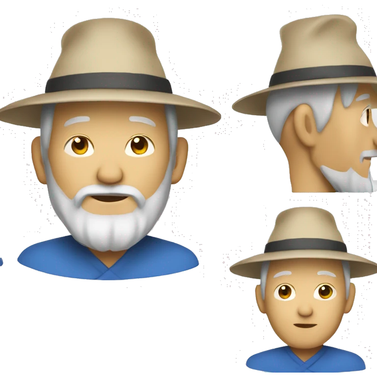 Old Chinese man with traditional beige Chinese hat with a long beard a blue shirt on emoji