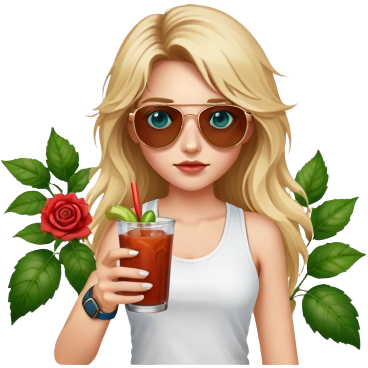girl with long blond messy hair
with blue eyes
and aviator sunglasses
wearing white tank top 
holding bloody mary
wearing (rose gold apple watch with forest green band) emoji