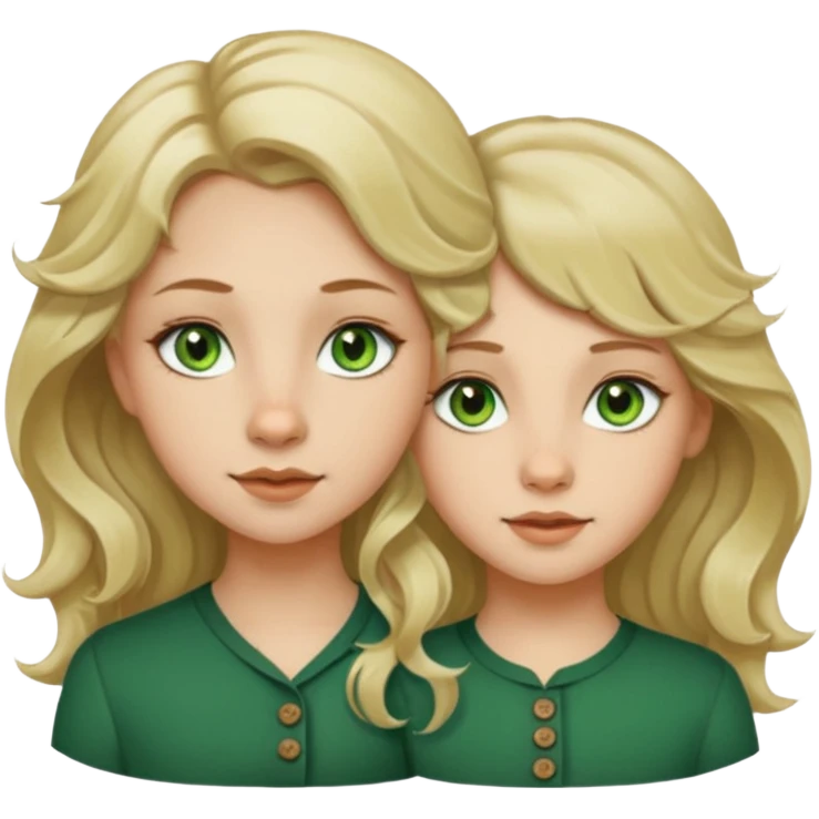 two girls. 1# girl: blonde long hair a bit wavy, green eyes, small button nose, very pale skin.  2# girl: short brown hair (wolfcut), brown eyes but a little green in them, very small button nose. emoji