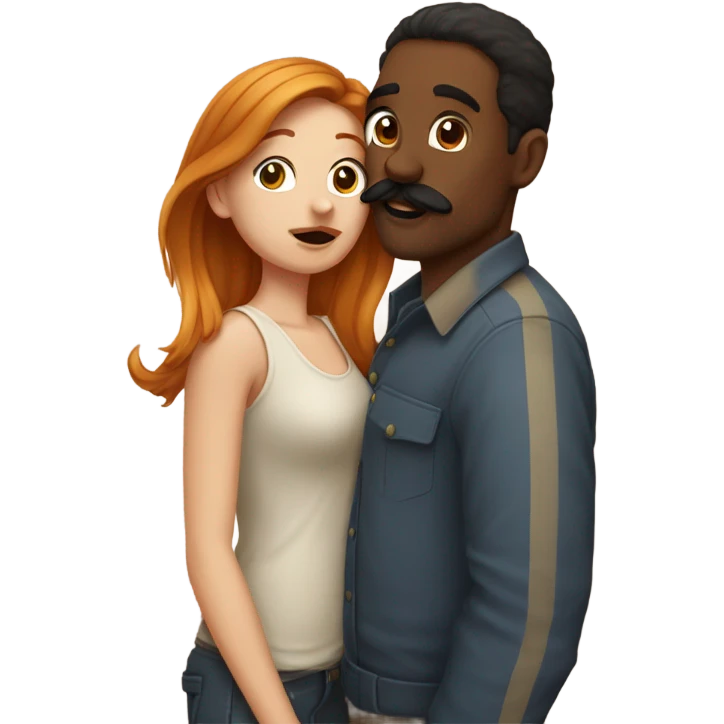 Red headed white girl kissing a brown man with mustache on the cheek  emoji