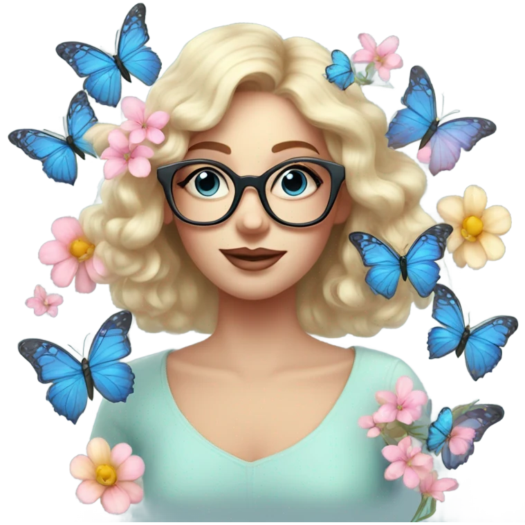 Gorgeous pastel lady with flowers and butterflies with blue eyes and glasses  emoji