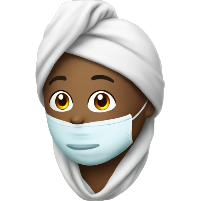 Person what a face mask on their face and a towel on their head emoji