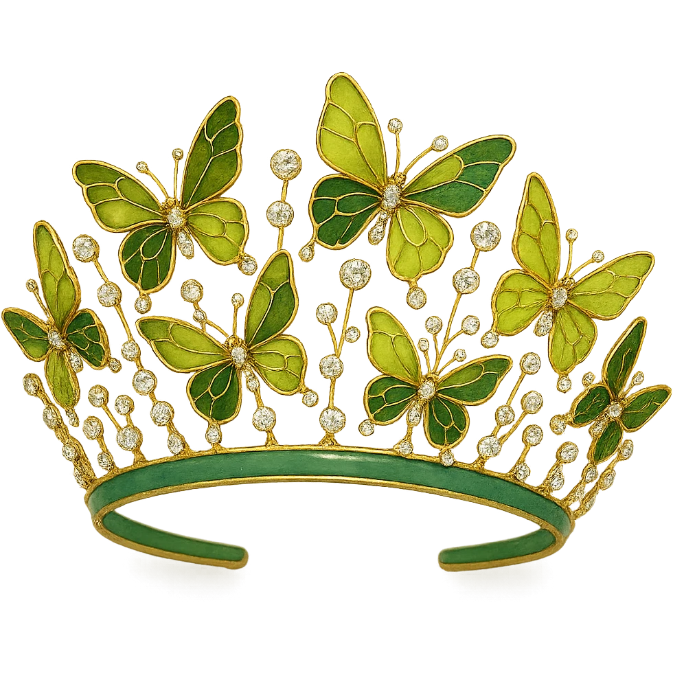 butterfly crown with a jade green base, butterflies in olive and lime green enamel, sparkling gems emoji