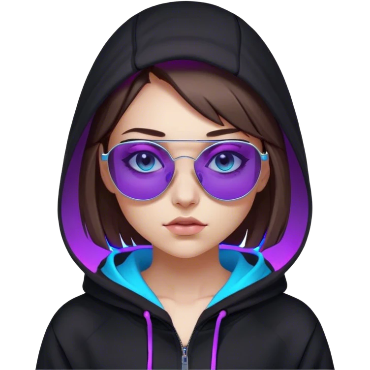
girl with brown bob and blue eyes in a black hoodie and sunglasses. Cyberpunk style. Violet neon. emoji
