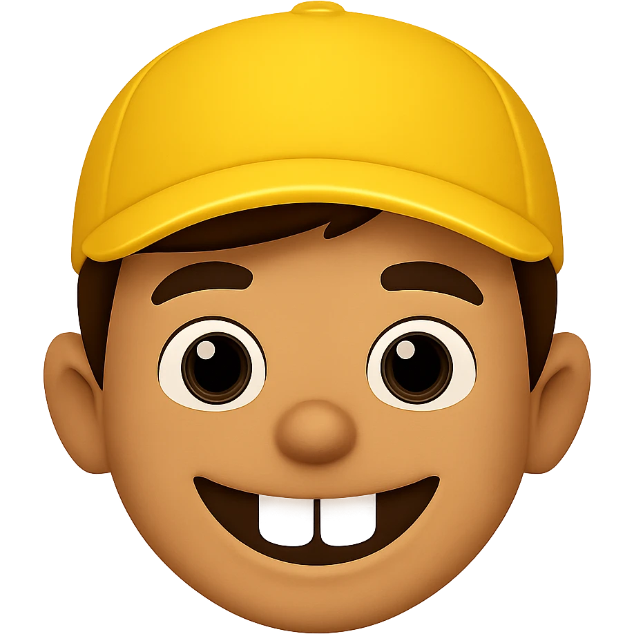 Edit the image of a schoolboy with big front teeth in the style of Apple emojis. Change the cap color to yellow. Keep the rest of the features consistent with the original Apple emoji style. No background, transparent background. emoji