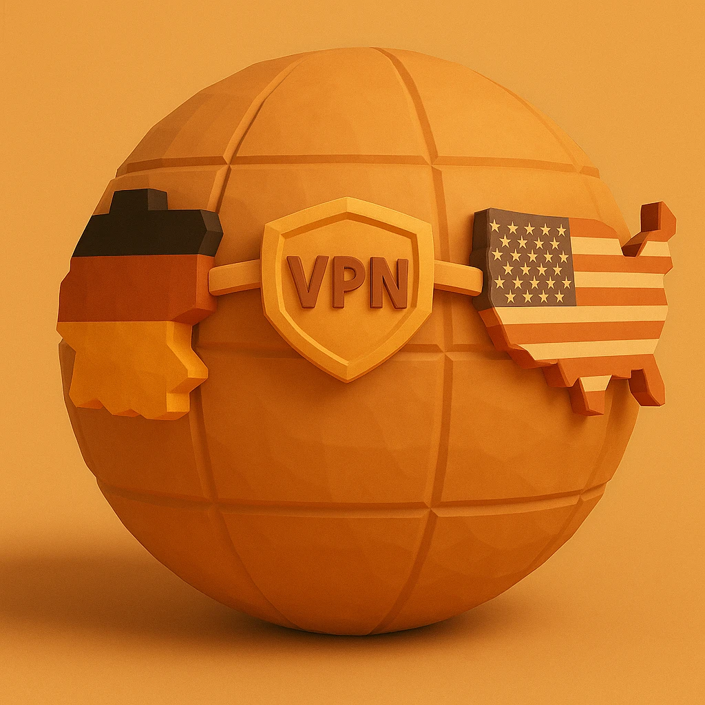 Edit the playful 3D globe with VPN and a connection between Germany and USA to have an orange color scheme with realistic shading and depth, maintaining the playful and 3D low poly style. emoji