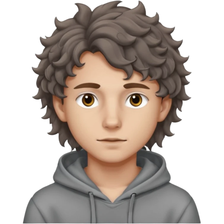 18 year old boy siren eyes good jawline with grey hoodie and long brown wavy curly wolf cut hair emoji