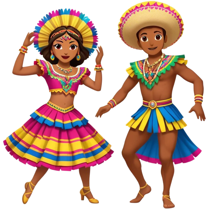 Cinematic Realistic scene of two dancers performing Cumbia, adorned in colorful traditional Colombian costumes with intricate details, captured in rhythmic motion with lively, festive lighting emoji
