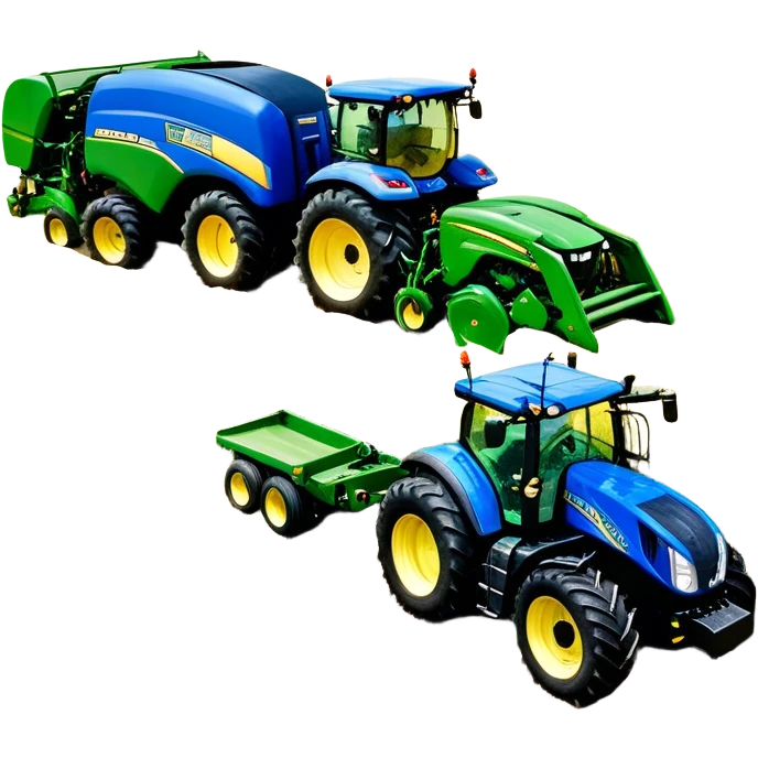 Baler – New Holland Roll-Belt 560 (2018) – Cinematic-realistic John Deere 6155M tractor towing a New Holland Roll-Belt 560 baler, its deep green body contrasting with the bright blue baler. The massive machine moves steadily through golden fields, compressing freshly cut hay into tight round bales, while dust swirls under the blazing afternoon sun. emoji