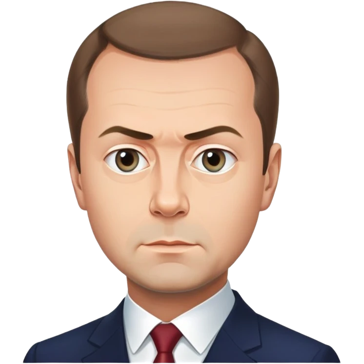 Dmitry Medvedev, round face, smooth finish, simplified but iconic facial traits including distinctive hair, eyebrows, eyes, mouth, serious expression, clean background emoji