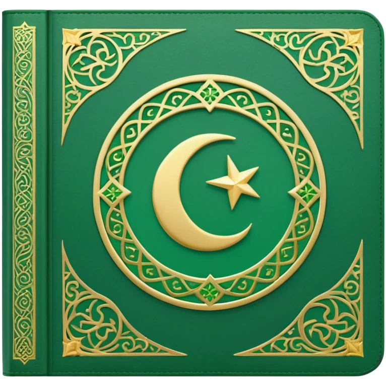 Closed Quran with the Islamic Symbol on it (moon and star) green from left to right emoji