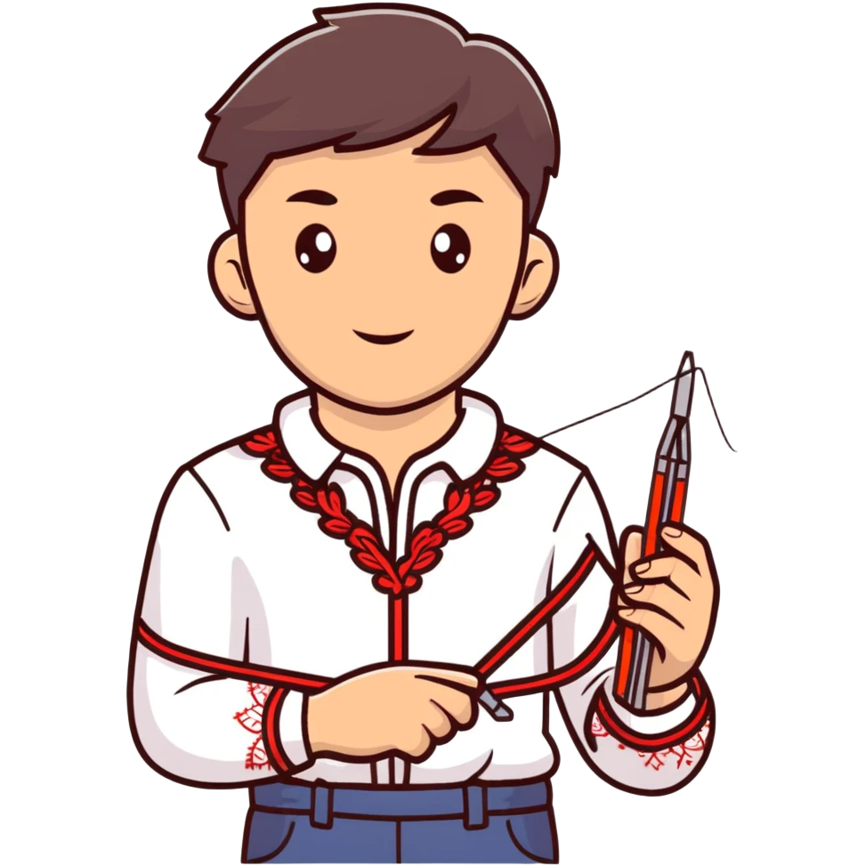 Ukrainian young man in a white embroidered traditional shirt holding a red thread with a needle and pliers emoji