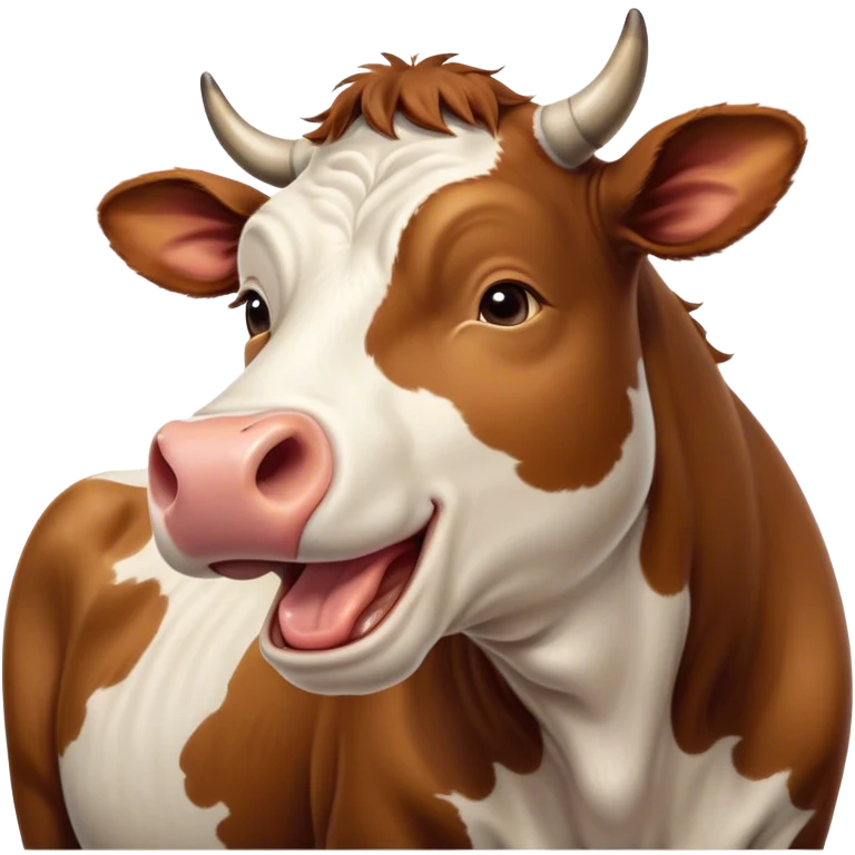 Cinematic Cute Yawning Brown and White Cow Portrait Emoji, Head tilted slightly with a dramatic, wide-open yawn, showcasing a smooth, patterned hide of brown and white, floppy ears slightly drooping, round brown eyes barely open in drowsy contentment, Simplified yet irresistibly adorable features, highly detailed, glowing with a soft, cozy glow, high shine, relaxed yet expressive, stylized with a touch of pastoral whimsy, bright and endearing, soft glowing outline, capturing the essence of a sleepy yet affectionate cow, so drowsy it feels like it could amble out of the screen and curl up for a nap! emoji