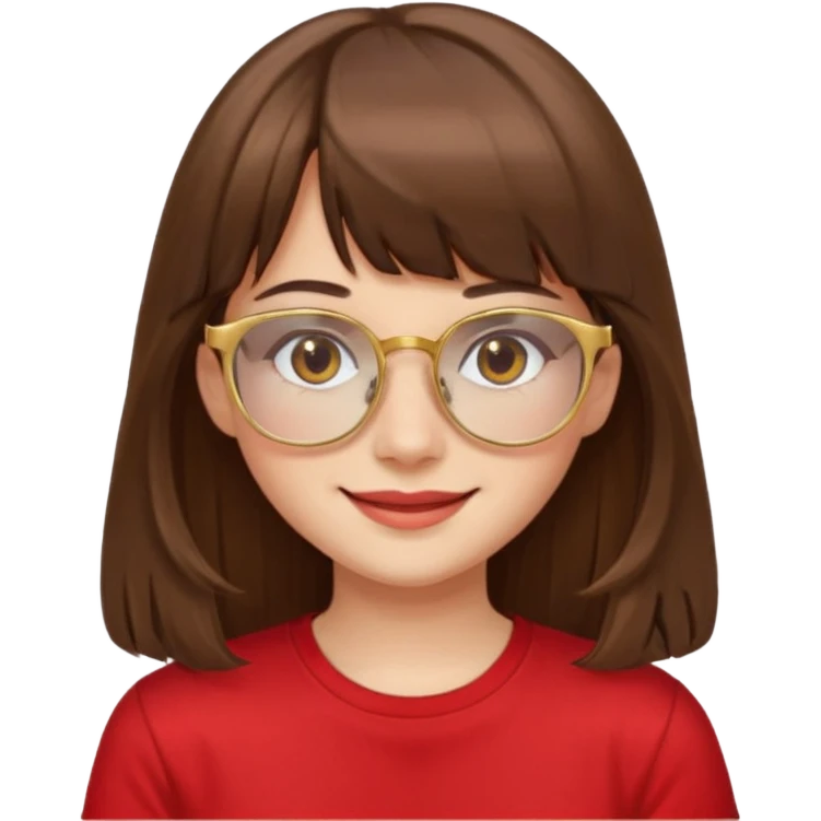 chica con piel blanca sonriendo, ojos marrones y pelo marrón largo con flequillo y lentes dorados con remera roja. emoji
