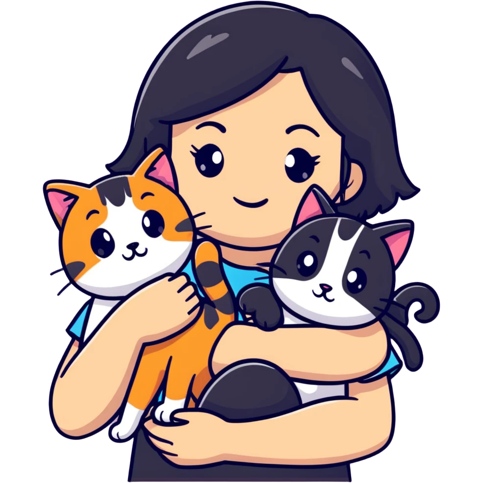 teenage girl with black hair with brown highlights with two cats that are tri-colored (black, orange, and white) emoji