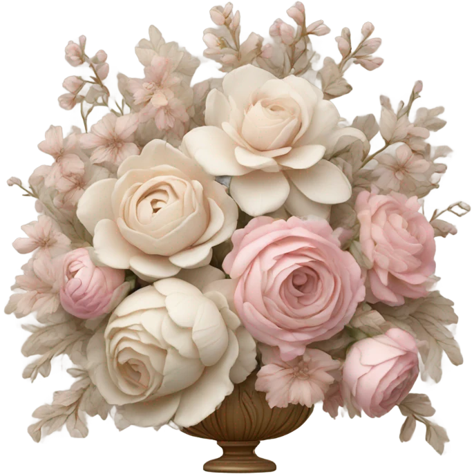 Realistic, detailed rococo floral arrangement, beige and pink emoji