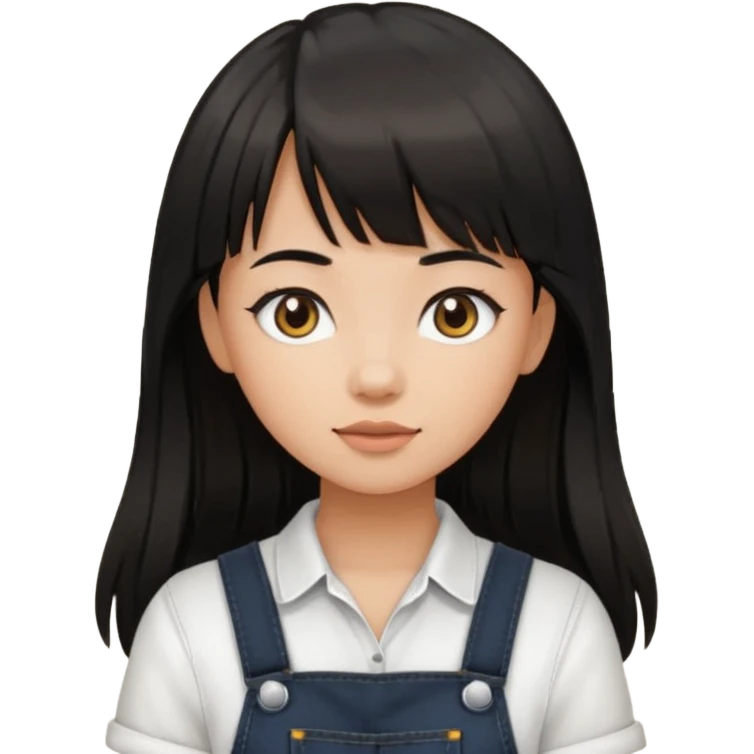 Make it a girl wil long hair like this and look like this  she has brown ish black hair and if has bangs with black overalls and a white shirt she’s not asian emoji