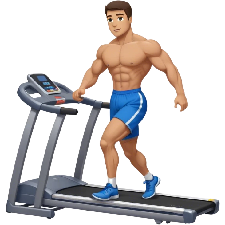 brunette male bodybuilder blue shorts treadmill emoji