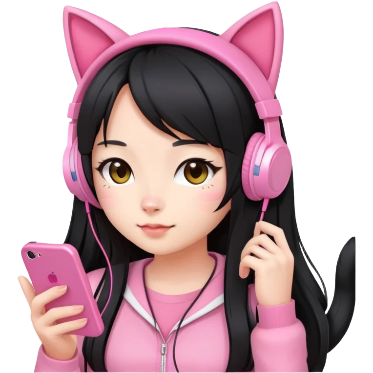Extra cute Japanese girl with long hair, wearing pink cat ear headphones and holding a mobile phone emoji
