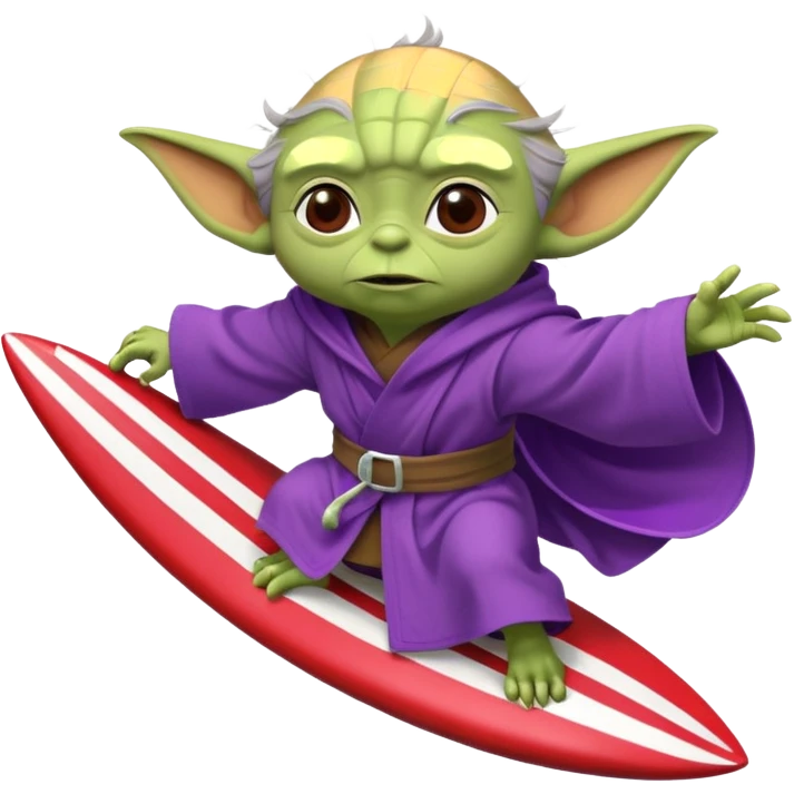 yoda in a purple robe flying in a rocket like surfing emoji