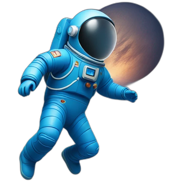 blue spaceman in a blue suit flying straight up into space with bluecadet logo on sleeve emoji