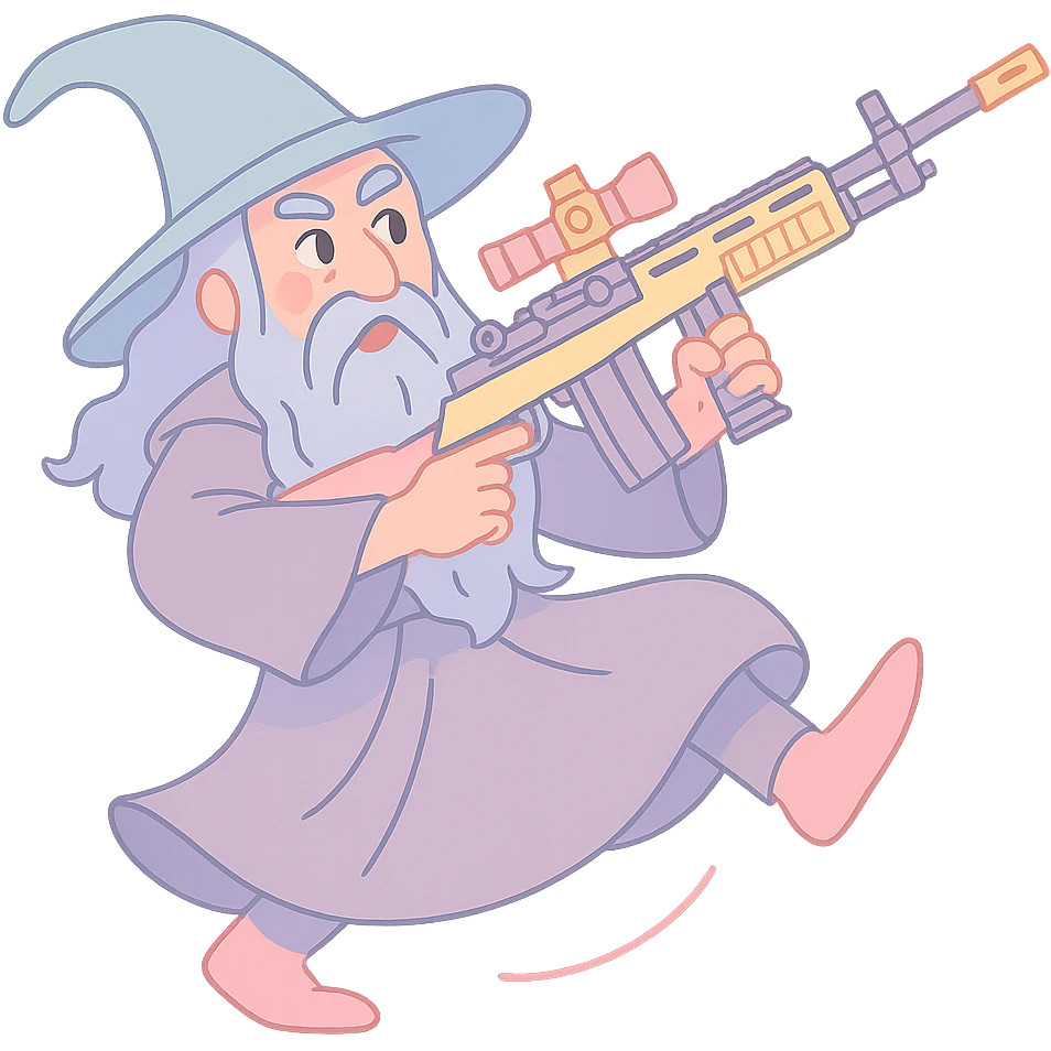 Pastel toon Gandalf the Gray holding an M-14 EBR, mid-spin, ready for a 360 no-scope, playful and colorful emoji