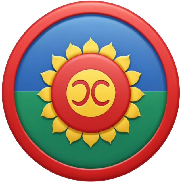 An emoji icon of the Romani flag. Top half blue, bottom half green, with a red 16-spoke chakra wheel in the center. Flat vector style, cute, isolated on white background. emoji