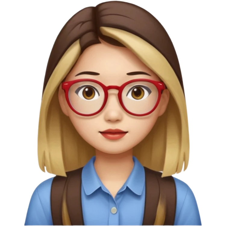 20 yr old asian woman, straight thick long brown hair, blond at ends of hair, middle part, big red glasses, brown eyes, casual shirt emoji