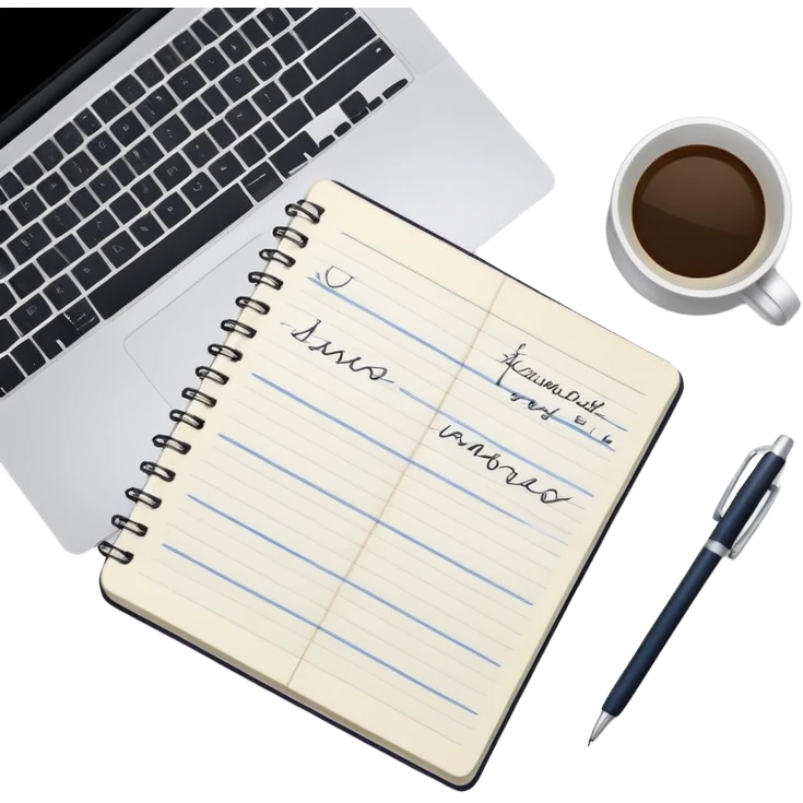 top view of a MacBook and a notebook with a pen nearby, notebook with visible notes emoji