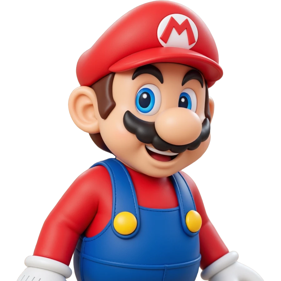 a worker in factoryA 3D-rendered head of a character inspired by Super Mario, facing slightly from front-left to right. The head should include his signature red cap with an ‘M’ emoji
