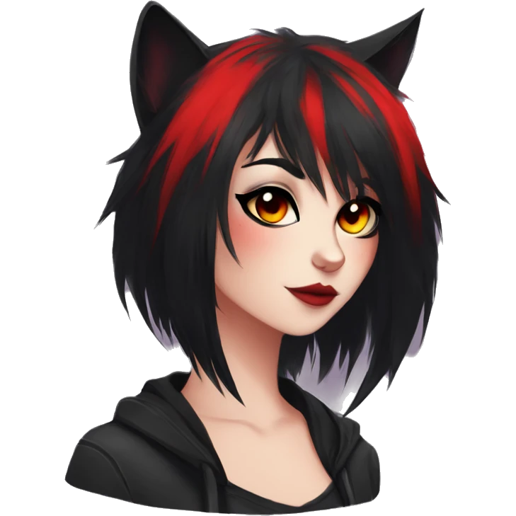 Anthro Edgy Cool Beautiful Black Cat-Fursona with Emo Hair-bangs with Red Streaks emoji