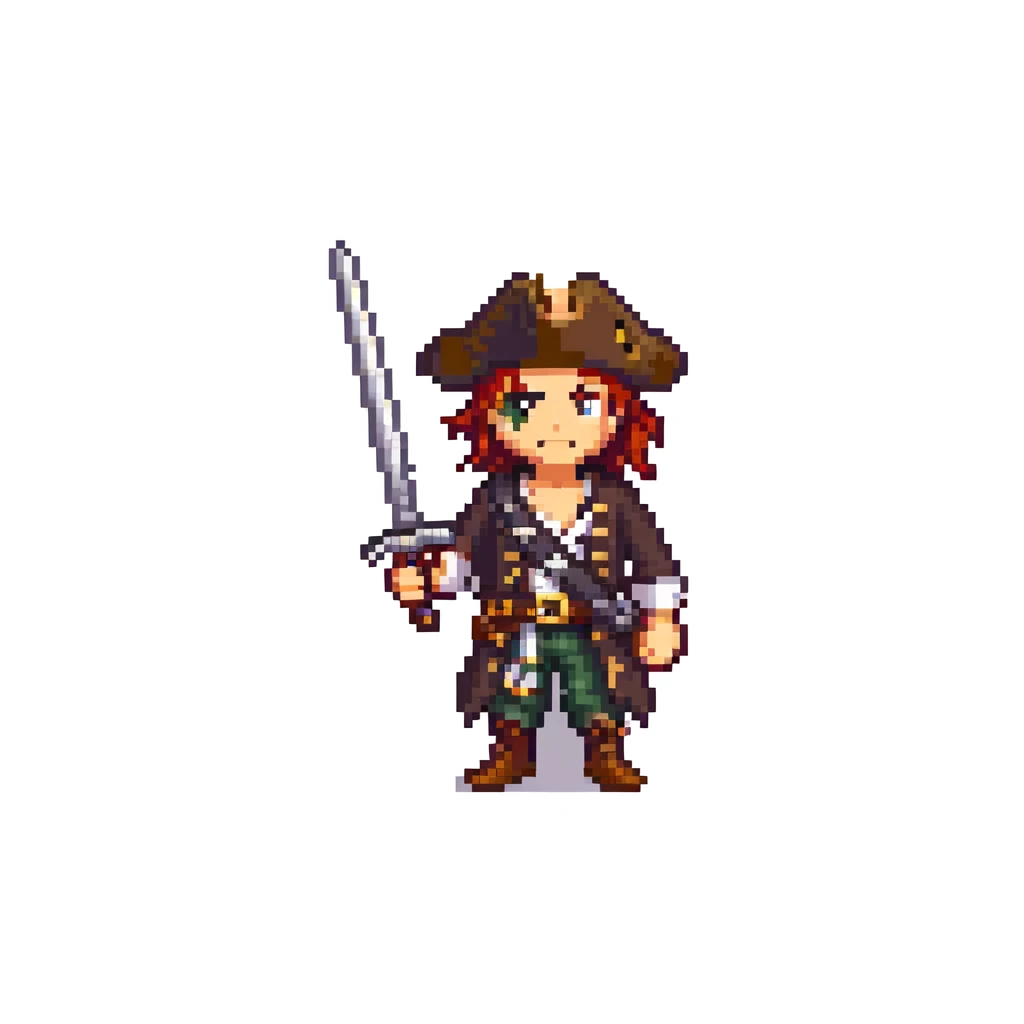 pirate character idle animation, 32-bit style, game sprite, standing with sword emoji