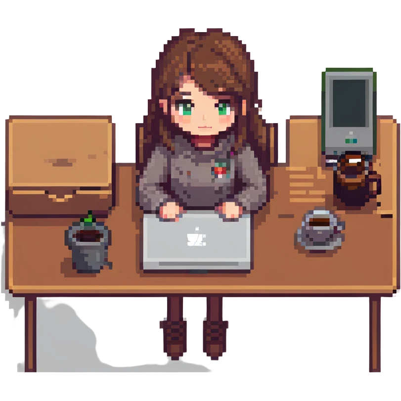 girl at desk with MacBook, coffee cup nearby, cozy atmosphere, pixel art style emoji