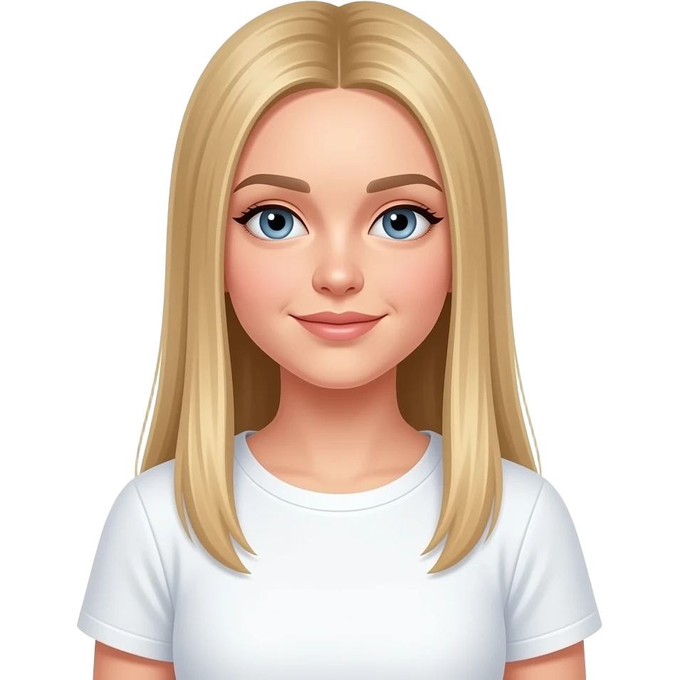 bella ragazza russa bionda capelli lisci lunghi e occhi chiari, con maglietta bianca e Sleepy emoji