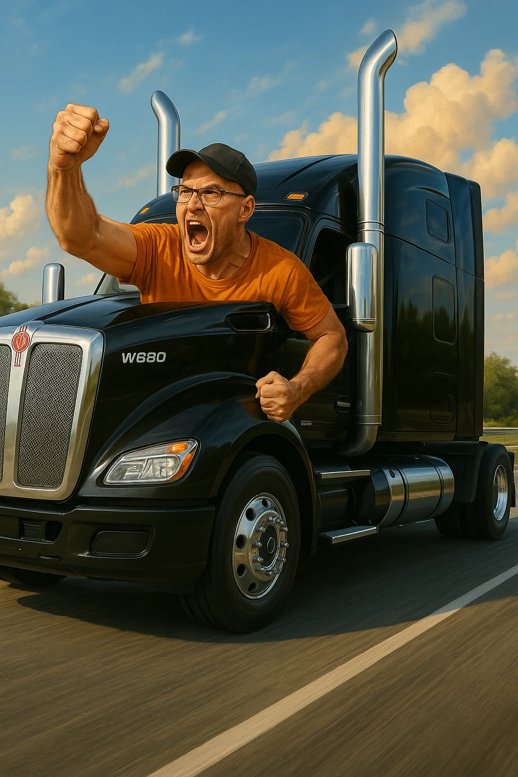 Add a realistic highway background behind the 2026 Kenworth W680 black sleeper semi with stacks and the angry bald man in an orange shirt, glasses, and baseball cap arm pumping out the window. Keep the scene vibrant and energetic, maintaining a photorealistic and dynamic atmosphere. emoji