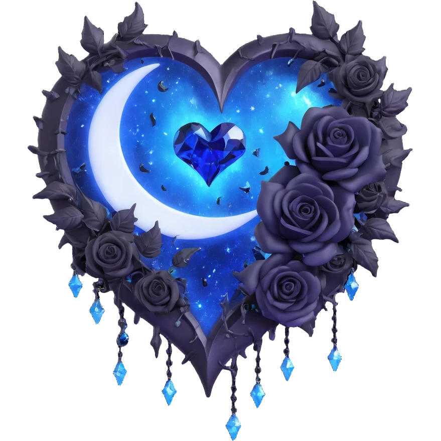 gothic heart with jagged broken edges 3D emoji, midnight blue glass, silver crescent moon, black roses, stardust, lightning, rain, fractured glass, cosmic style emoji
