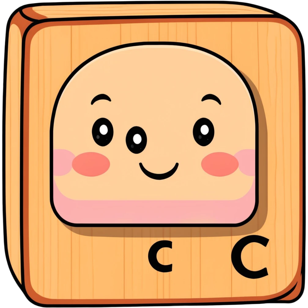 A cartoon wooden alphabet block with letter C and a cute face with rosy cheeks emoji