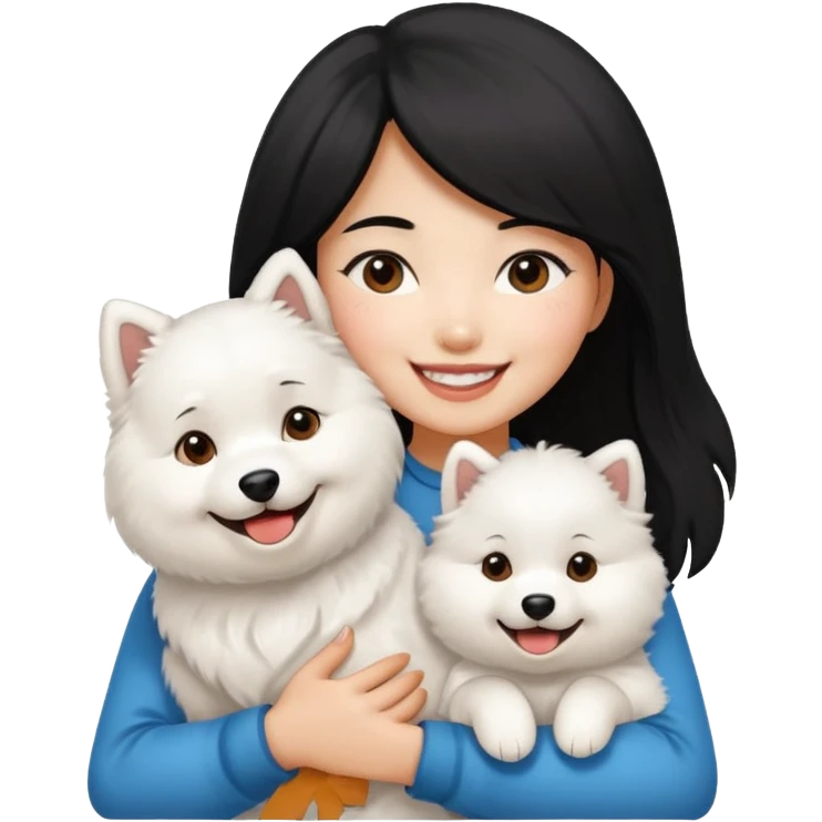 A black hair asian girl with a bright skintone holding a samoyed dog emoji