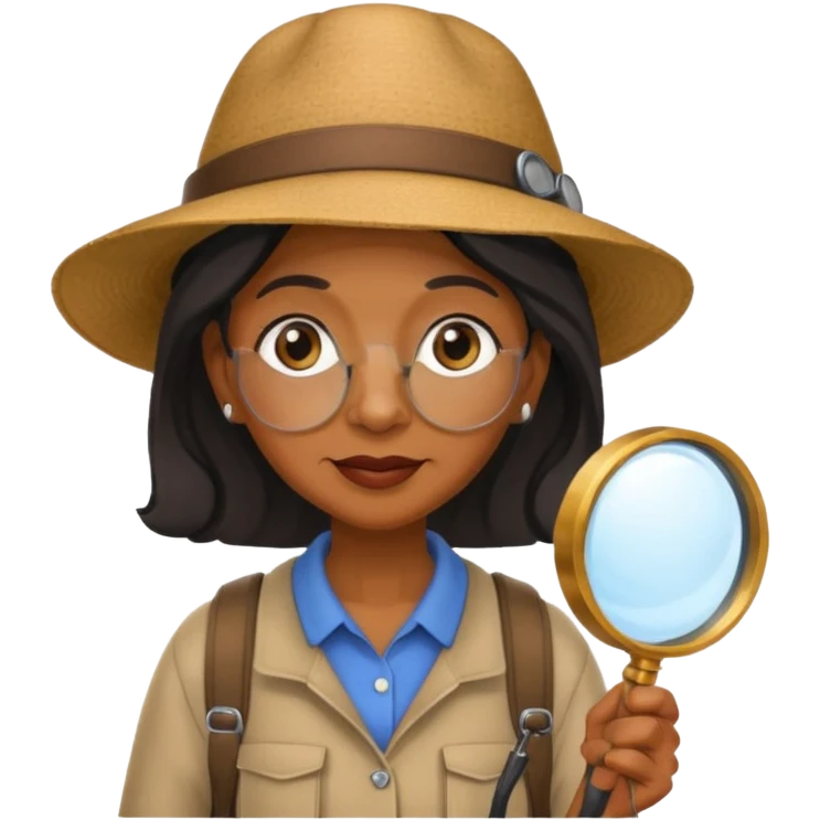 Explorer old black woman with hat and magnifying glass and backpack, portrait emoji