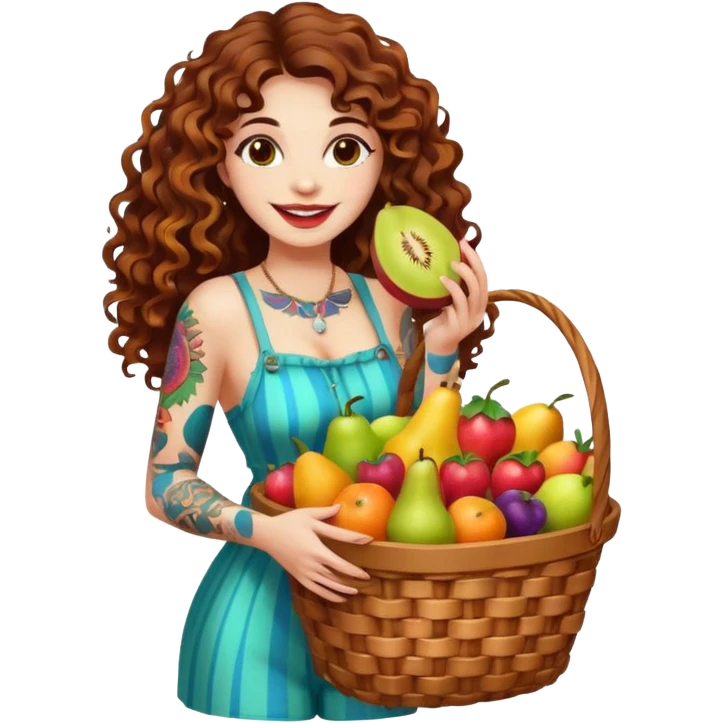 full body woman long curly brown hair brown eyes white skin tattoos holding basket of psychedelic fruits, teasing smile emoji