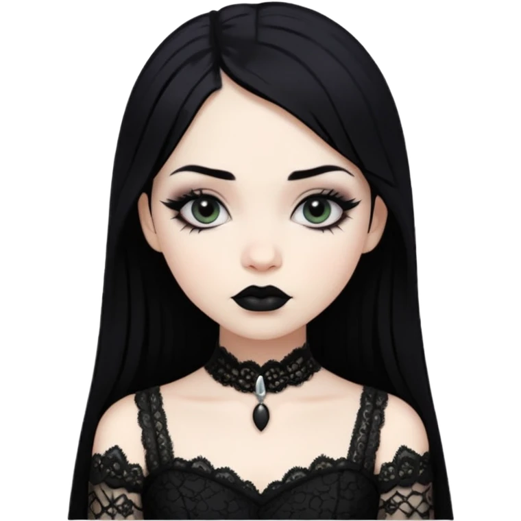 gothic girl pale skin with black lipstick and black hair and eyeliner wearing a black dress lace  emoji