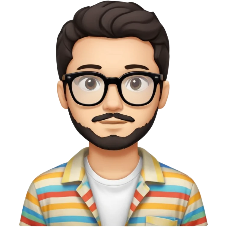 young adult man with light skin, short beard, dark wavy hair, relaxed expression, very wide rectangular glasses with thick black acetate frame and thick double bridge, retro oversized style, colorful open shirt and white t-shirt emoji